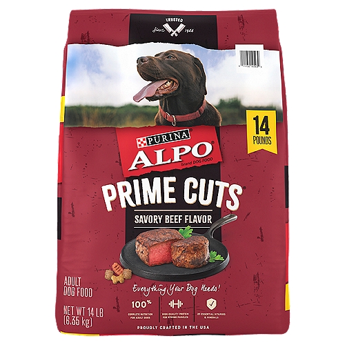 Purina ALPO Dry Dog Food, Prime Cuts Savory Beef Flavor - 14 lb. Bag
It's All Here.
When you want to give your adult dog complete and balanced nutrition with a taste he's sure to devour, you'll find it all in Alpo® Prime Cuts® Savory Beef Flavor in hearty shapes and crunchy textures. Alpo® Prime Cuts® delivers everything your dog needs, from a name you know and trust.

Every Bowl Delivers:
★ high quality protein for strong muscles
★ calcium for strong bones
★ essential fatty acids for healthy skin and coat
★ big, meaty taste

Alpo Prime Cuts Savory Beef Flavor is formulated to meet the nutritional levels established by the AAFCO Dog Food Nutrient Profiles for maintenance of adult dogs.

Tear open a bag of Purina ALPO Prime Cuts Savory Beef Flavor adult dry dog food, and just watch as your best friend dives into his next meal with tail-wagging enthusiasm. Enjoy the satisfaction on his face as he cleans his bowl, crunching into the hearty shapes flavored with the big meaty taste he loves. Rest easy knowing your faithful companion's favorite food with high-quality protein to help maintain muscles, as well as 23 vitamins and minerals, including calcium to help support strong bones and linoleic acid to help maintain healthy skin and coat. The crunchy kibble has an appetizing texture your dog will devour bite after bite. Feed him Purina ALPO Prime Cuts Savory Beef Flavor adult dry dog food daily to make sure he gets the 100 percent complete and balanced nutrition an adult dog requires, and see how easy it is to give your dog the tasty food he loves along with the dependable nourishment you love to give him.