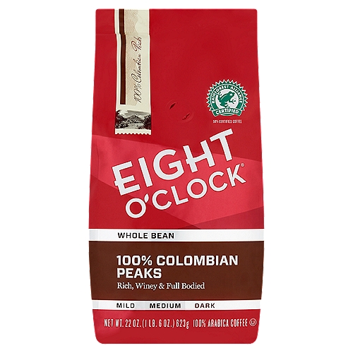Eight O'Clock 100% Colombian Peaks Medium Roast Whole Bean Coffee, 22 oz
100% Arabica Coffee

100% Colombian Peaks
Our award-winning roast of 100% Colombian beans. Cultivated at a high altitude in Colombia's rich, volcanic soils, these beans are harvested at their optimum ripeness. Medium roasted with winey notes and a rich, elegant aroma with a full-bodied finish.
