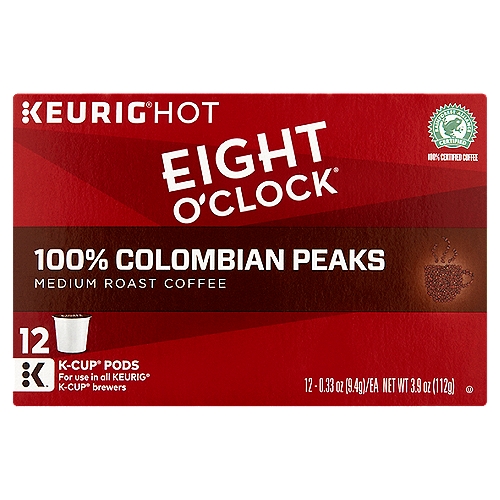 Eight O'Clock 100% Colombian Peaks Medium Roast Coffee K-Cup Pods, 0.33 oz, 12 count