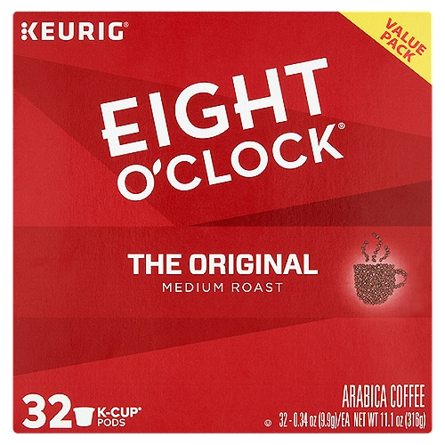Eight O'Clock The Original Medium Roast Arabica Coffee K-Cup Pods Value Pack, 0.34 oz, 32 count
Our oldest recipe and most iconic roast. Medium roasted to deliver sweet and fruity notes with a well-balanced finish.
