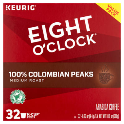 Eight O'Clock 100% Colombian Peaks Medium Roast Coffee K-Cup Pods Value Pack, 0.33 oz, 32 count