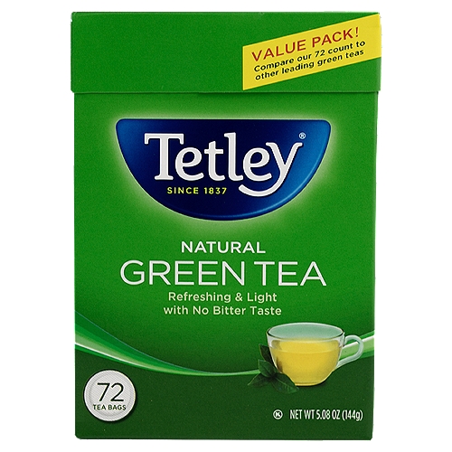 Tetley Natural Green Tea Bags Value Pack, 72 count, 5.08 oz
It starts with tea™
Tetley Green Tea is light and refreshing without the bitter taste of some other green teas. Using an age-old Japanese technique and only the finest green teas, the natural green tea flavor is locked in after picking to keep the tea fresh and flavorful. The result a light — bodied green tea that's refreshing, clean and smooth tasting.