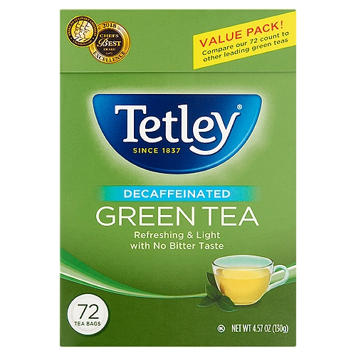 Tetley Decaffeinated Green Tea Bags Value Pack!, 72 count, 4.57 oz
American Culinary Chefsbest - ChesBest.com
Chefs Best Award - 2018 - Excellence - The ChefsBest® Excellence Award is awarded to brands that surpass quality standards established by independent professional chefs.

Tetley Decaffeinated Green Tea is light and refreshing without the bitter taste of some other green teas. With careful preparation and only the finest green teas, the green tea flavor is locked in after picking to keep the tea fresh and flavorful. The result - a light-bodied green tea that's refreshing, clean and smooth tasting.

Our round tea bags...
Fast infusion and exceptional flavor release because they're made with Perflo paper that has 2000 perforations
More sustainable - no strings, tags or staples so there's less material to throw away