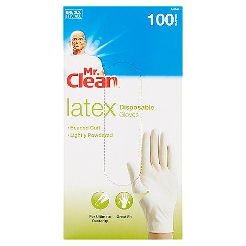 Mr. Clean Latex Disposable Gloves, 100 count
These latex disposable gloves are perfect for household chores. They are economical and provide a sufficient barrier for most household tasks. The gloves are lightly powdered which makes them easier to put on and remove. A beaded cuff has been added for durability.

These gloves are ideal for:
Cleaning, painting, hair coloring, arts & crafts