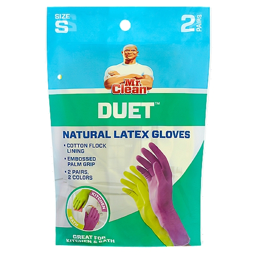 Duet™ gloves are made from a high quality natural rubber latex material. Two different colored pairs of gloves make it easy to use one pair in the kitchen and another in the bathroom. Extremely flexible and tear resistant, these cotton flock lined gloves offer ideal everyday protection for household chores.nnThese Gloves are Ideal For:nCleaning, kitchen, bathroom, dishes, pet care, gardening