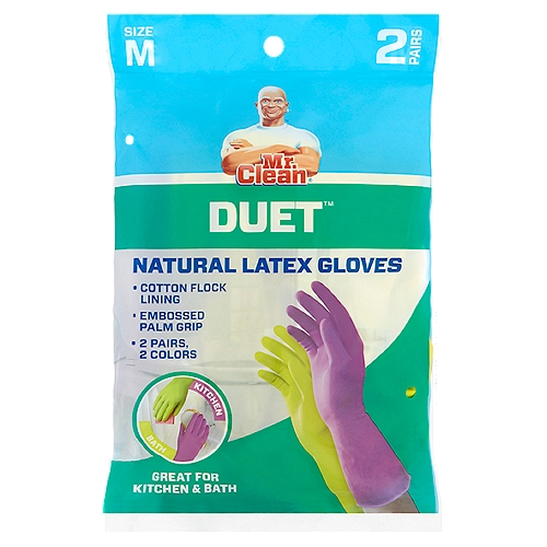 Duet™ gloves are made from a high quality natural rubber latex material. Two different colored pairs of gloves make it easy to use one pair in the kitchen and another in the bathroom. Extremely flexible and tear resistant, these cotton flock lined gloves offer ideal everyday protection for household chores.nnThese Gloves are Ideal for:nCleaning, kitchen, bathroom, dishes, pet care, gardening