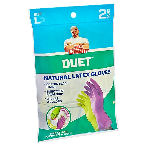 Duet™ gloves are made from a high quality natural rubber latex material. Two different colored pairs of gloves make it easy to use one pair in the kitchen and another in the bathroom. Extremely flexible and tear resistant, these cotton flock lined gloves offer Idea everyday protection for household chores.nnThese Gloves Are Ideal for:nCleaning, kitchen, bathroom, dishes, pet care, gardening