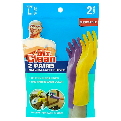 Mr. Clean Reusable Natural Latex Gloves, Size L, 2 pair
Made from a flexible natural rubber latex material with a comfortable cotton flock lining, this value pack of reusable gloves features two different colored gloves to make it easy to use one pair in the kitchen and another for the bathroom or the rest of your household cleaning chores.

These Gloves are Ideal For:
Cleaning, bathroom, kitchen, gardening, pet care