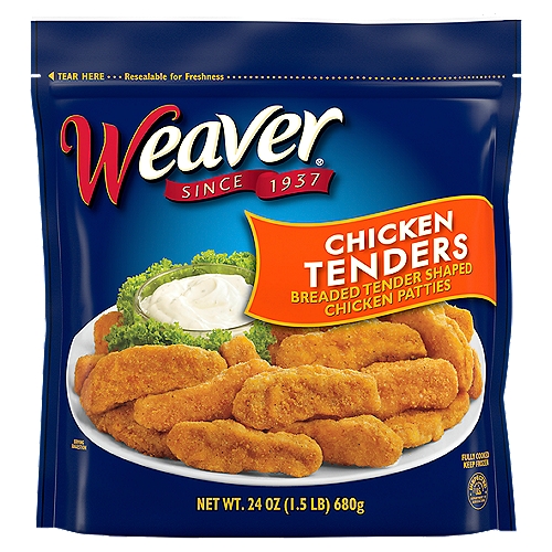 Weaver Chicken Breast Tenders, 24 oz
Breaded Tender Shaped Chicken Breast Patties with Rib Meat