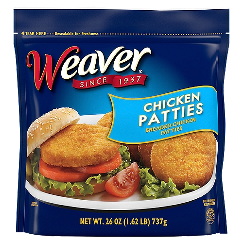 Weaver Chicken Breast Patties, 26 oz
Breaded Chicken Breast Patties with Rib Meat