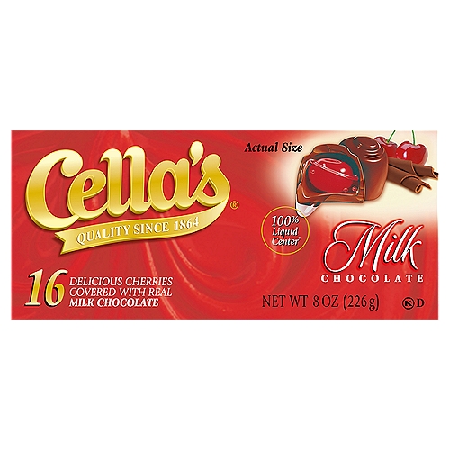 Cella's Delicious Cherries Covered with Real Milk Chocolate, 16 count, 8 oz
100% Liquid Center®

Cella's Cherries are unique. Selected cherries are surrounded by a delicious 100% clear liquid then encased in real milk chocolate. You'll savor the goodness with every bite!