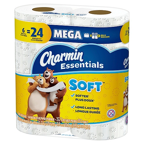 Charmin Essentials Soft Bathroom Tissue, 6 count
When you buy Charmin Essentials Soft Mega Roll toilet paper you get a big, long-lasting roll because one Charmin Mega Roll equals 4 Regular Rolls*. At Charmin, we understand how important value is, and that's why we created Charmin Essentials Mega Roll toilet paper. This soft two-ply toilet paper is available at an affordable price. We all go to the bathroom, those who go with Charmin Essentials Soft bath tissue really Enjoy the Go! (*Based on number of sheets in Charmin Regular Roll bath tissue)