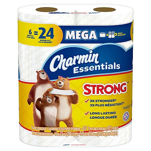 6 Mega rolls. Pack contains 6 Mega Rolls (451 sheets per roll) of Charmin Essentials Strong toilet paper. 3X stronger when wet vs. the leading USA 1-ply bargain brand. Buy in bulk for more go's.
