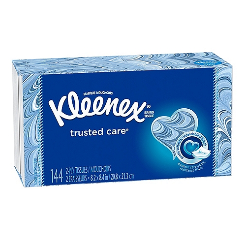Kleenex Trusted Care 2-Ply Tissues, 144 count
The Original Everyday Clean, Kleenex Trusted Care Facial Tissues are 2-layer facial tissues that provide soft, strong & absorbent care for face and hands. These tissues come in 1 flat box, with 144 tissues in each box. Kleenex Trusted Care tissues are thick, absorbent, and durable enough to help keep hands clean and stand up against sniffles, sneezes, runny noses, and even little drips & spills. Skip the store and have Kleenex facial tissues delivered! Keep Trusted Care facial tissues on hand for family or guests during cold & flu, allergy, or back to school seasons. Tissue boxes are available in a variety of colors and designs that blend beautifully into your home decor. 