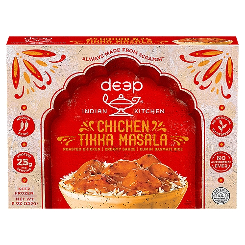 With cumin-infused Basmati rice. Medium spiced boneless chicken breast marinated, roasted and simmered in a robust, creamy sauce. No gluten ingredients. No preservatives.