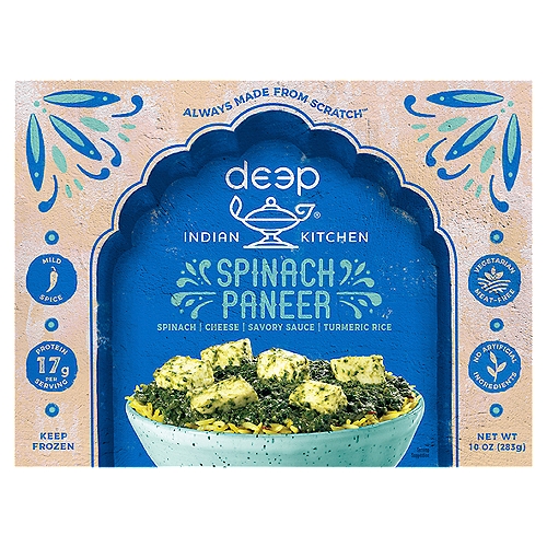 Deep Indian Kitchen Spinach Paneer, 10 oz
Welcome to Deep
And welcome to our Indian family's kitchen. 
Here we make our Spinach Paneer from scratch by finely chopping fresh spinach (palak) and cooking it down with a zesty blend of ginger, garlic and other delicious spices. We add savory pieces of our homestyle paneer (cheese) and turmeric rice: We find it is best served with a cheesy joke. Get it?

This Dish Features:
Spinach, Paneer, Ghee, Onion & Turmeric Rice