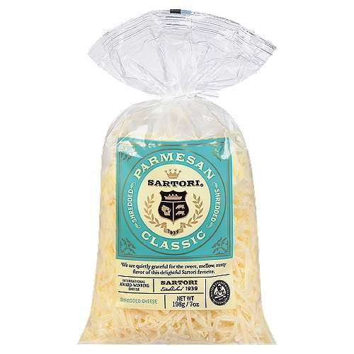 Sartori Classic Shredded Parmesan Cheese, 7 oz
We are quietly grateful for the sweet, mellow, nutty flavor of this delightful Sartori favorite.

International Award-Winning Cheese
Master Cheesemaker - Wisconsin

rBST Free: No significant difference has been found in milk from cows treated with artificial hormones