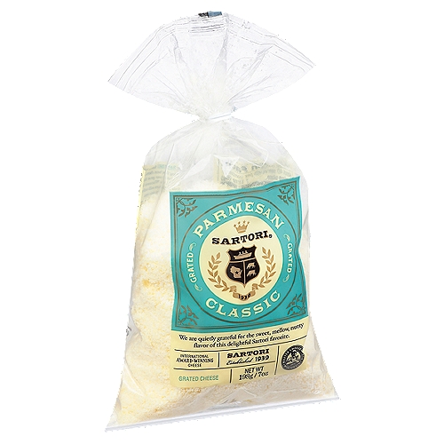 Sartori Classic Parmesan Grated Cheese, 7 oz
We are quietly grateful for the sweet, mellow, nutty flavor of this delightful Satori favorite.

International Award-Winning Cheese
Master Cheesemaker - Wisconsin

rBST Free: No significant difference has been found in milk from cows treated with artificial hormones