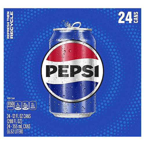 Pepsi Soda, 12 fl oz, 24 count
Pepsi - the bold, refreshing, robust cola