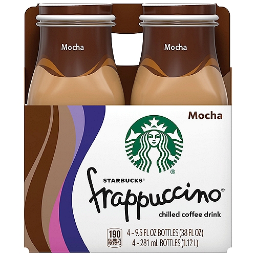 Starbucks Frappuccino Mocha Chilled Coffee Drink, 9.5 fl oz, 4 count
Pop the cap. Savor the sip. Go.
Mocha Frappuccino® chilled coffee drink is a blend of Starbucks® coffee and milk with chocolaty mocha.
For a taste that keeps you going.