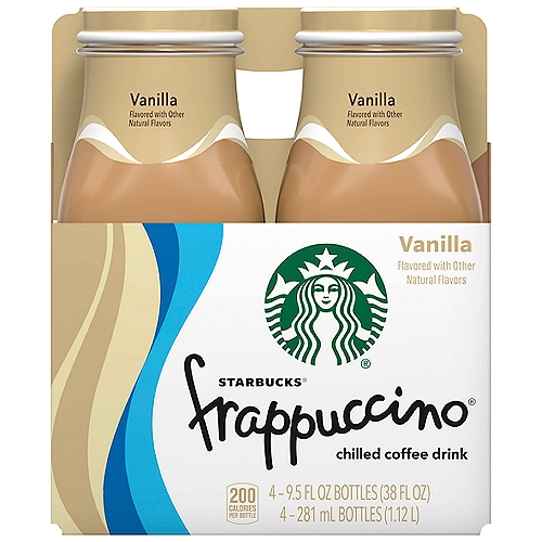 Starbucks Frappuccino Vanilla Chilled Coffee Drink, 9.5 fl oz, 4 count
Pop the cap. Savor the sip. Go.
Vanilla Frappuccino® chilled coffee drink is a blend of Starbucks® coffee and milk with a tasty hit of vanilla. For a little extra giddyup.