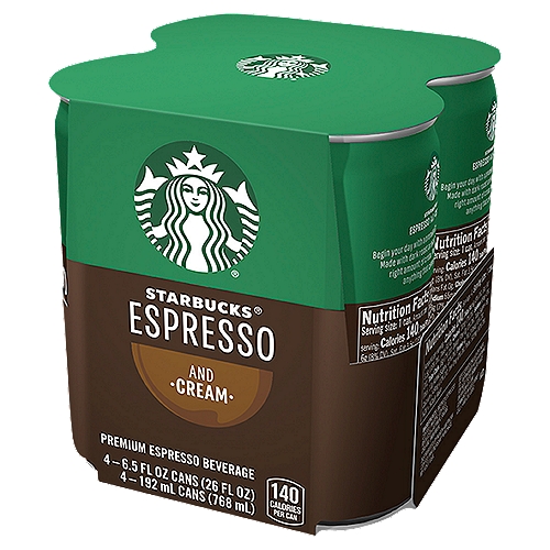 Starbucks Espresso and Cream Premium Espresso Beverage, 6.5 fl oz, 4 count
Starbucks Doubleshot espresso drink is made with the rich, full-bodied espresso you love, and it's always ready to grab and go when you need the inspiration that great coffee provides. Now that's convenient, isn't it?