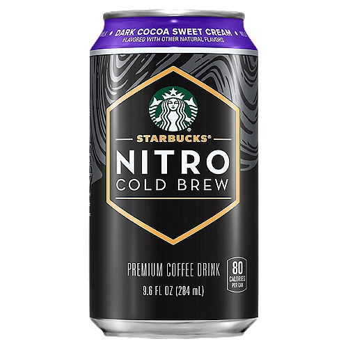 Starbucks Nitro Cold Brew Premium Coffee Drink Dark Cocoa Sweet Cream Flavored 9.6 Fl Oz Can
Nitrogen-Infused Cold Brew
Our signature cold brew is infused with nitrogen the moment you open it, creating a rush of creamy texture and smooth, delicious taste. Crafted to perfection with rich cocoa flavor and cream.

Starbucks coffee drinks offer the bold, delicious taste of coffee with the rich flavors you know and love. This indulgence is proof that you can enjoy a little Starbucks wherever you may be.