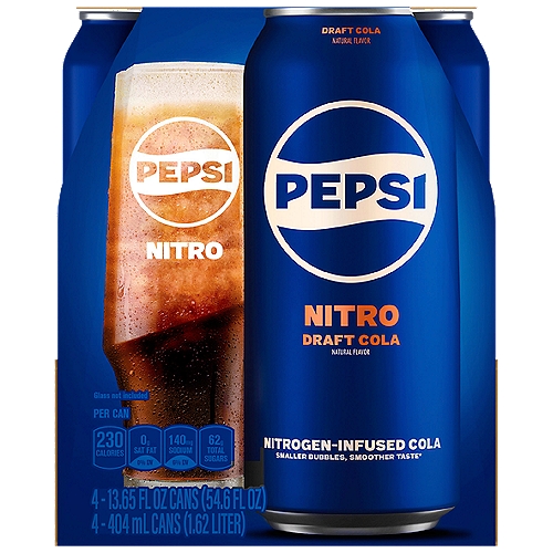 Pepsi Nitro Nitrogen-Infused Cola Draft Cola 13.65 Fl Oz, 4 Count
Pepsi - the bold, refreshing, robust cola. Live For Now.