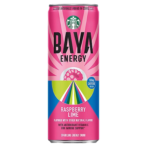 Starbucks Baya Energy Sparkling Energy Drink Raspberry Lime 12 Fl Oz Can
Starbucks coffee drinks offer the bold, delicious taste of coffee with the rich flavors you know and love. This indulgence is proof that you can enjoy a little Starbucks wherever you may be.

With Antioxidant Vitamin C for Immune Support*
*Vitamin C Helps Contribute to the Normal Function of the Immune System

Power your day with 160mg of caffeine naturally found in the fruit of the coffee plant.
Delightfully refreshing, packed with fruity flavors and bubbles, without any coffee flavor.
Taste how Starbucks does energy!

Starbucks Baya® Energy Drink is crafted with the brightness of raspberry juice and a spritz of lime to lift you with some feel-good energy.