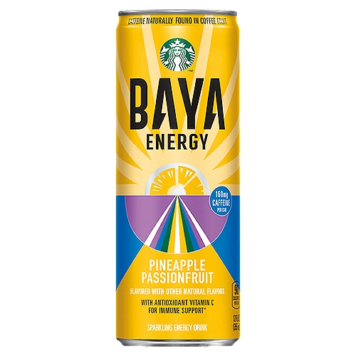 Starbucks Coffee Drink Baya Pineapple Passion12 Fluid Ounce
Starbucks coffee drinks offer the bold, delicious taste of coffee with the rich flavors you know and love. This indulgence is proof that you can enjoy a little Starbucks wherever you may be.

Sparkling Energy Drink

With Antioxidant Vitamin C for Immune Support*
*Vitamin C Helps Contribute to the Normal Function of the Immune System

Power your day with 160mg of caffeine naturally found in the fruit of the coffee plant.
Delightfully refreshing, packed with fruity flavors and bubbles, without any coffee flavor. Taste how Starbucks does energy!

Starbucks Baya™ Energy Drink is crafted with refreshing pineapple juice and a hint of passionfruit flavor to lift you with some feel-good energy.