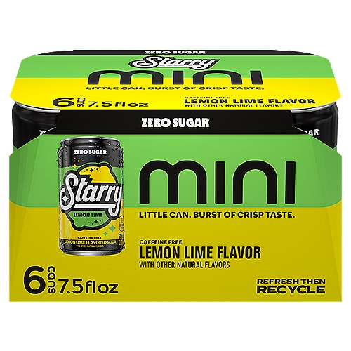 Starry Zero Sugar Mini Soda Lemon Lime 7.5 Fl Oz 6 Count, Paperboard