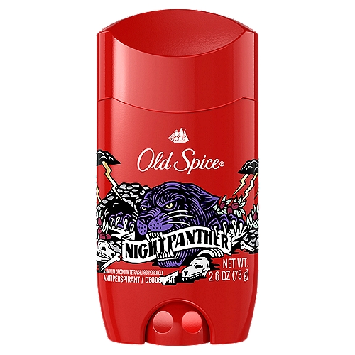 Old Spice NightPanther Anti-Perspirant & Deodorant, 2.6 oz
Drug Facts
Active ingredient - Purpose
Aluminum zirconium tetrachlorohydrex Gly 15% (anhydrous) - Antiperspirant

Use
Reduces underarm wetness