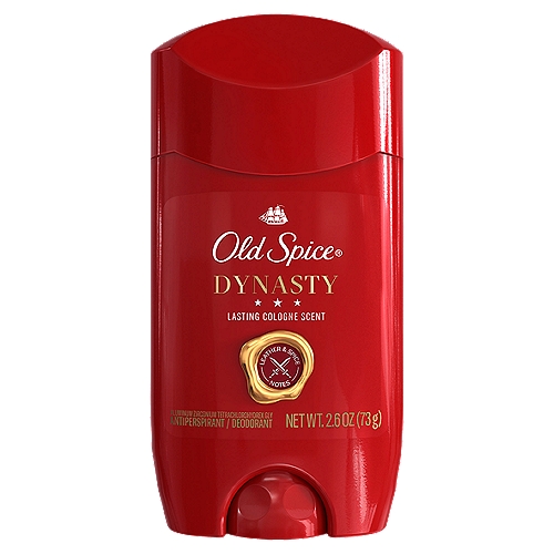 Old Spice Men's Antiperspirant & Deodorant Dynasty Lasting Cologne Scent, 2.6oz
The protection you know and trust from Old Spice is taken up a notch with this collection of long-lasting, cologne-scented personal grooming tools. From antiperspirants and deodorants to body sprays and body washes, Old Spice has you covered and smelling good day and night, and then into the next day. This Old Spice Antiperspirant & Deodorant for Men is designed to keep you smelling outstanding for up to 48 hours with legendary premium cologne scent. Get the performance you need and the smell you deserve with this winner-takes-all Old Spice grooming collection.

Drug Facts
Active ingredient - Purpose
Aluminum zirconium tetrachlorohydrex Gly 19% (anhydrous) - Antiperspirant

Use
Reduces underarm wetness