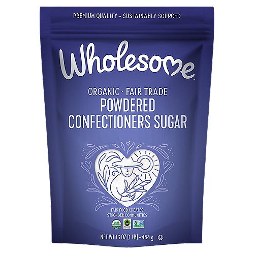 Wholesome Organic Powdered Confectioners Sugar, 16 oz
Organic Powdered Sugar
Our powdered sugar is ground ultrafine [12x] to provide the perfect light and fluffy powder, making it lusciously sweet and soft. It's harvested using natural, sustainable farming practices handed down from one generation to the next. Whether you're baking, sprinkling or sweetening you'll taste the quality.

1 Cup Organic Powdered Sugar = 1 Cup Refined Powdered Sugar