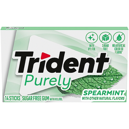 Trident Purely Spearmint Sugar Free Gum, 14 count
One pack of 14 pieces of Trident Purely Spearmint Sugar Free Gum (packaging may vary)
Spearmint flavored sugar free chewing gum
40% fewer calories than sugared gum, Trident sugar free gum is sweetened with Xylitol
Sugarless gum with no artificial flavor or color and flavored with real mint and menthol
ADA Accepted: Helps prevent cavities when chewed for 20 minutes after eating