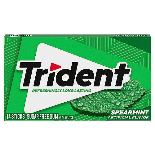 Trident Spearmint Sugar Free Gum, 14 Pieces
14 pieces of Trident Spearmint Sugar Free Gum (packaging may vary)
Spearmint flavored sugar free chewing gum
Helps clean and protect teeth while providing fresh breath
Sugarless gum made with xylitol
Chewing Trident after eating and drinking cleans and protect teeth