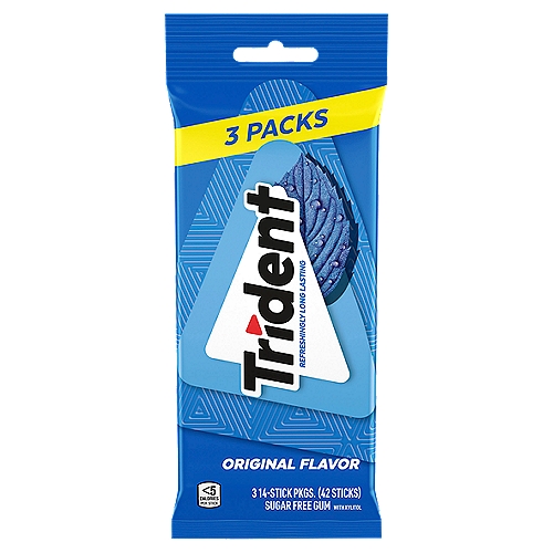 3 packs with 14 pieces each, 42 total pieces, of Trident Original Flavor Sugar Free Gum (packaging may vary)nOriginal sugar free chewing gum with a refreshing blended peppermint and cinnamon flavornHelps clean and protect teeth while providing fresh breathnSugarless gum made with xylitolnChewing Trident Original gum after eating and drinking cleans and protect teeth
