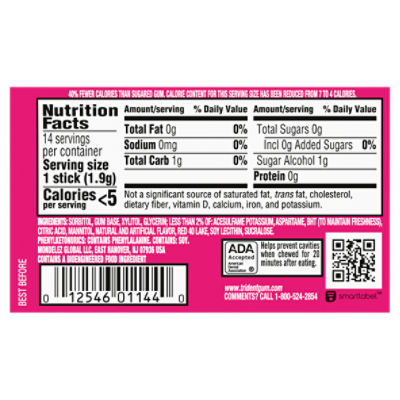 Trident Sugar Free Bubblegum with Xylitol, 14 count