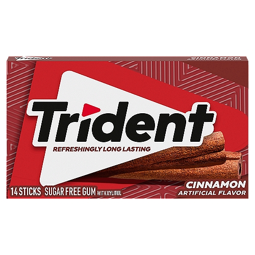 Trident Cinnamon Sugar Free Gum with Xylitol, 14 count
One pack with 14 pieces of Trident Cinnamon Sugar Free Gum (packaging may vary)
Cinnamon flavor sugar free chewing gum
Sugar free cinnamon gum that helps clean and protect teeth while providing extra fresh breath
Trident cinnamon gum made with xylitol
Chewing Trident gum after eating and drinking cleans and protect teeth