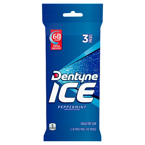 Dentyne Ice Peppermint Sugar Free Gum, 16 count, 3 pack
60 min. Fresh Breath*
*Includes 20 minutes chew time