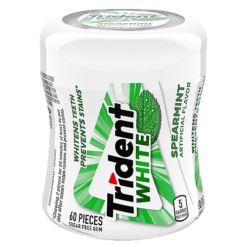 Trident White Spearmint Sugar Free Gum, 60 count
One bottle with 60 pieces of Trident White Spearmint Sugar Free Gum (packaging may vary)
Spearmint flavored sugar free chewing gum
Trident White sugar free gum helps whiten teeth, prevent stains and freshen breath
Sugarless Trident spearmint gum with 35% fewer calories than sugared gum
Chewing 2 pieces of Trident White spearmint gum at least 4x per day after meals helps remove and prevent stains