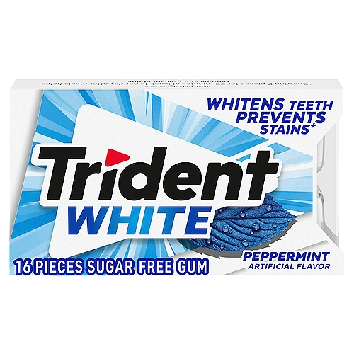 Trident White Peppermint Sugar Free Gum, 16 count
16 pieces of Trident White Peppermint Sugar Free Gum (packaging may vary)
Peppermint flavored sugar free chewing gum
Helps whiten teeth, prevent stains and freshen breath
Sugarless gum with 35% fewer calories than sugared gum
Chewing 2 pieces at least 4x per day after meals helps remove and prevent stains