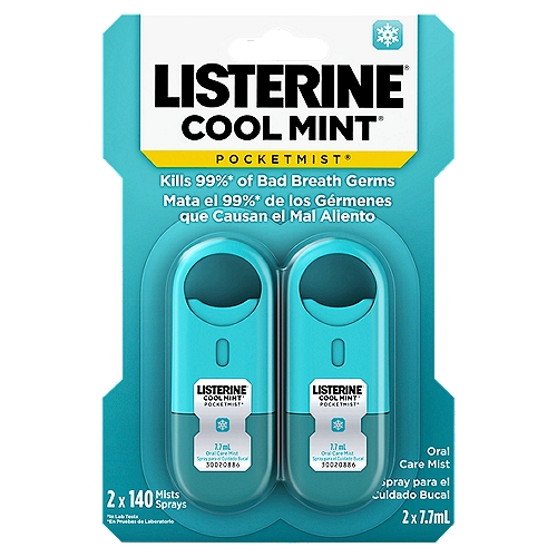 LISTERINE Pocketmist Cool Mint Oral Care Mist Spray, 7.7 ml, 2 count
Kills 99%* of bad breath germs
*In lab tests