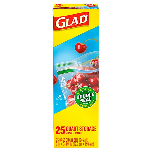 Glad Quart Storage Zipper Bags, 25 count
BPA-free†
†Product not formulated with BPA (Bisphenol A)

Yellow and Blue Make Green® seal, so you know when the bag is closed.
