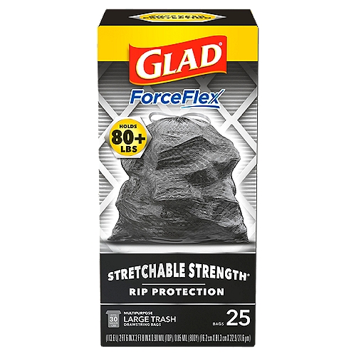 Glad ForceFlex Multipurpose Large Trash Drawstring Bags, 25 countnStretchable Strength®nnAdvanced Rip + Leak ProtectionnRipguard® ProtectionnLeakguard® Protection