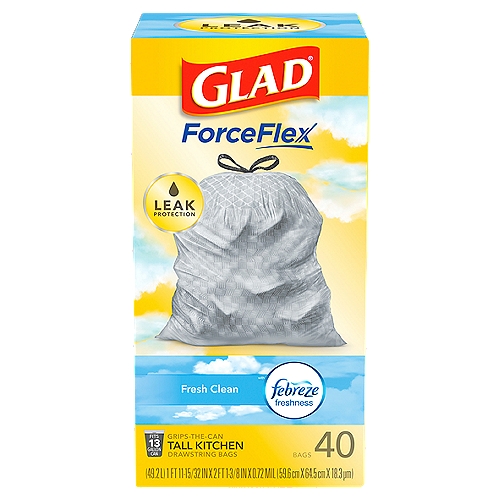 Glad ForceFlex Tall Kitchen Drawstring Bags, 40 count
SteadyRelease™ for Long Lasting Odor Control

RipGuard® Protection

LeakGuard® Protection

Neitralize Odors
Long-lasting odor control for even the strongest trash odors, leaving behind a fresh clean scent.