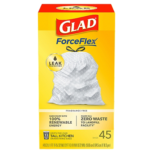 Glad ForceFlex Tall Kitchen Drawstring Bags, 45 count
RipGuard® Protection
LeakGuard® Protection