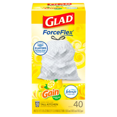 Glad ForceFlex with Gain Lemon Zest Scent Tall Kitchen Drawstring Bags, 40 count