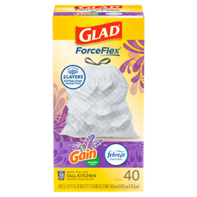 Glad ForceFlex Tall Kitchen Drawstring Trash Bags, 13 Gal, Gain Lavender with Febreze, 40 Ct