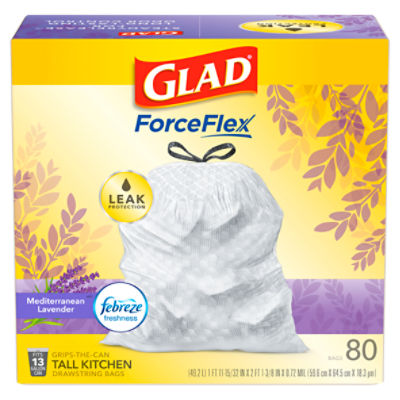 Glad ForceFlex Tall Kitchen Drawstring Trash Bags, 13 Gal, Gain Lavender with Febreze, 80 Ct